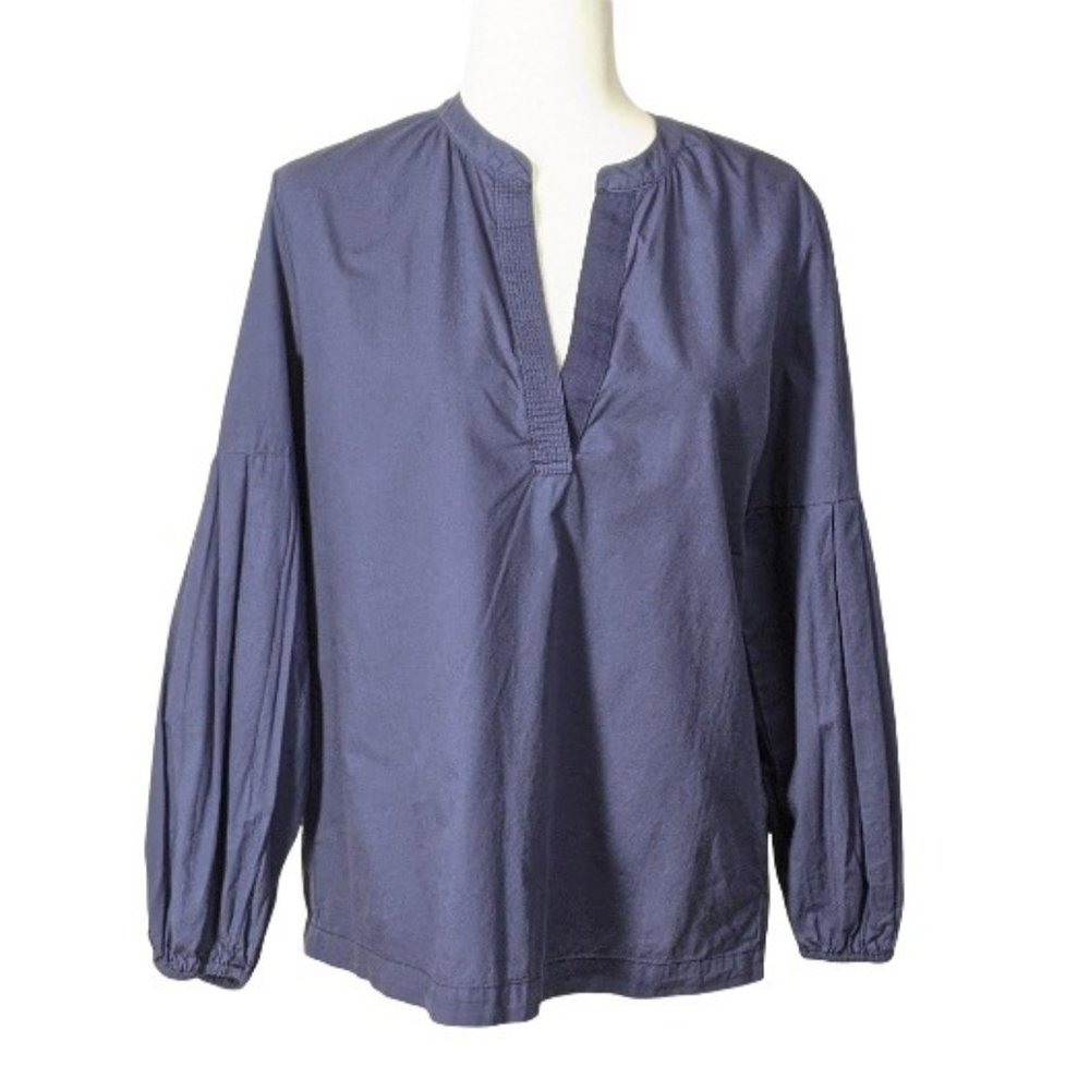 Lou & Grey Blue Henley Top Size Small Elastic Cuff Split Neck